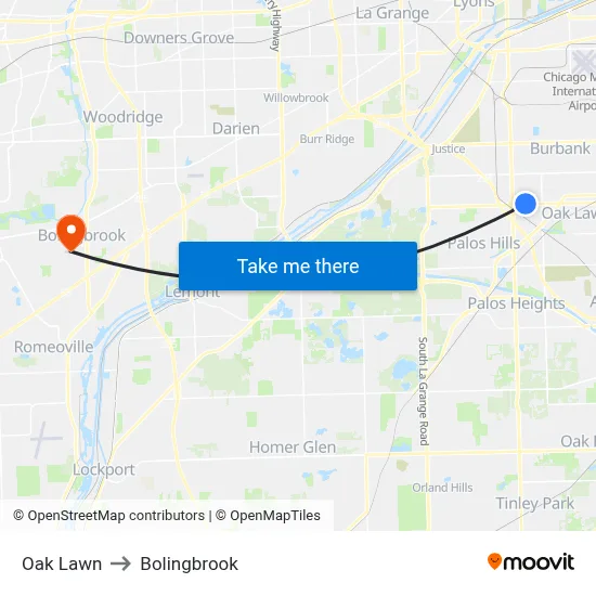 Oak Lawn to Bolingbrook map