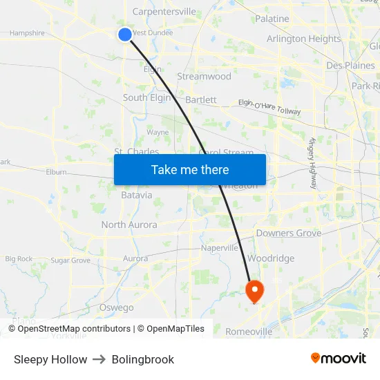 Sleepy Hollow to Bolingbrook map