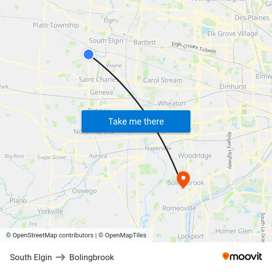 South Elgin to Bolingbrook map