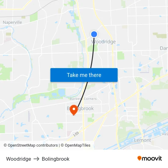 Woodridge to Bolingbrook map