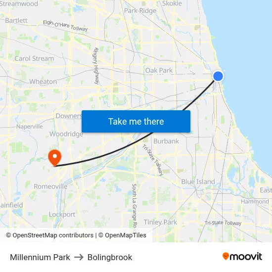 Millennium Park to Bolingbrook map