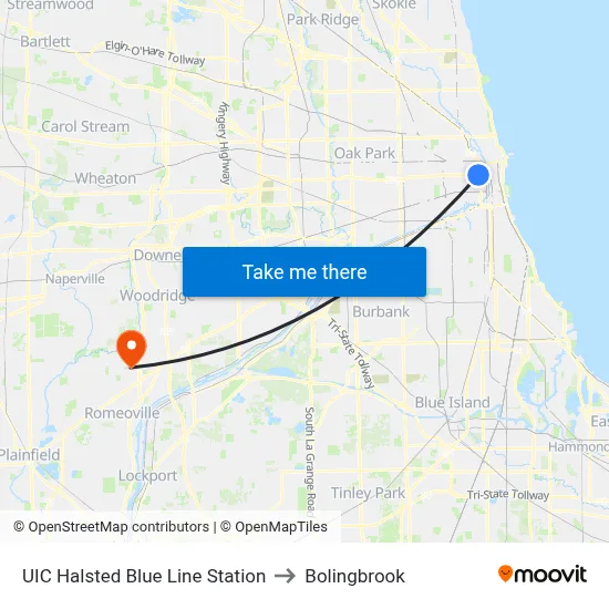 UIC Halsted Blue Line Station to Bolingbrook map