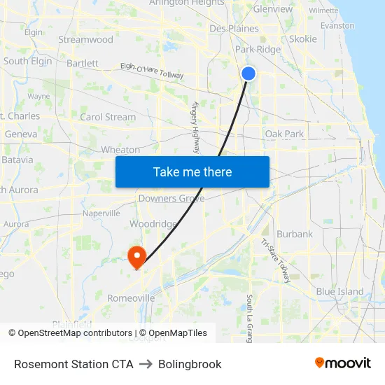 Rosemont Station CTA to Bolingbrook map