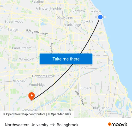 Northwestern University to Bolingbrook map