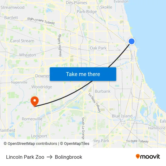 Lincoln Park Zoo to Bolingbrook map