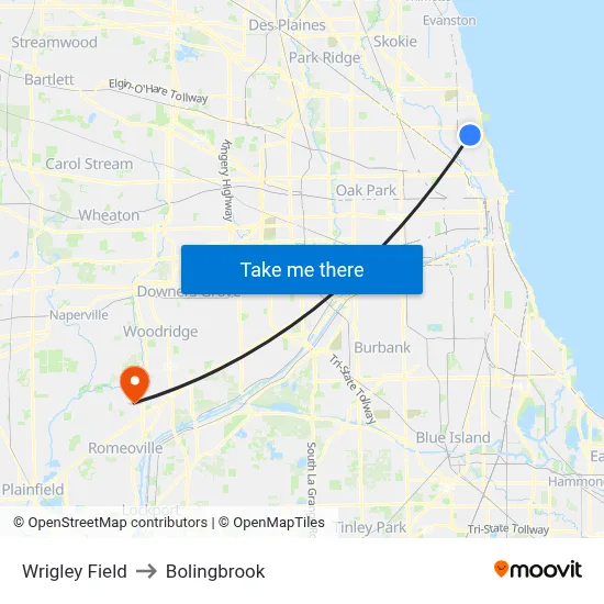 Wrigley Field to Bolingbrook map