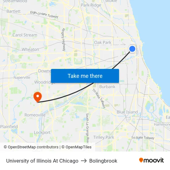 University of Illinois At Chicago to Bolingbrook map