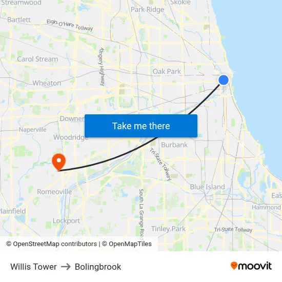 Willis Tower to Bolingbrook map