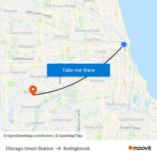 Chicago Union Station to Bolingbrook map