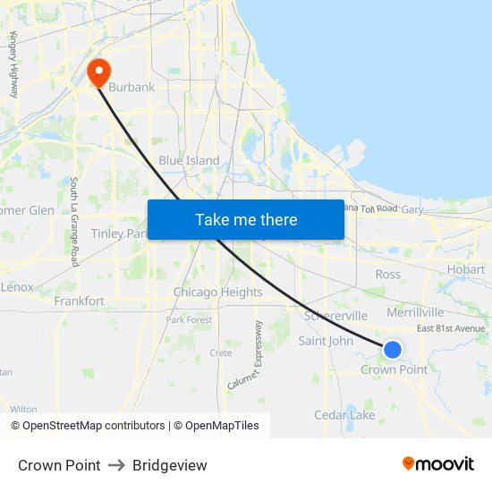 Crown Point to Bridgeview map