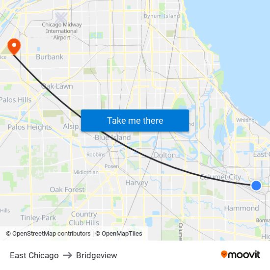 East Chicago to Bridgeview map