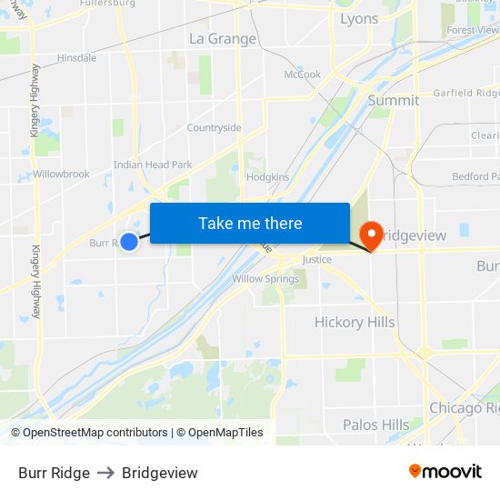 Burr Ridge to Bridgeview map