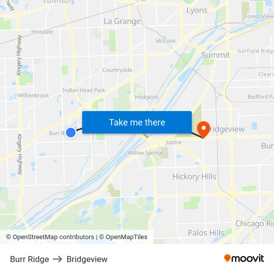Burr Ridge to Bridgeview map
