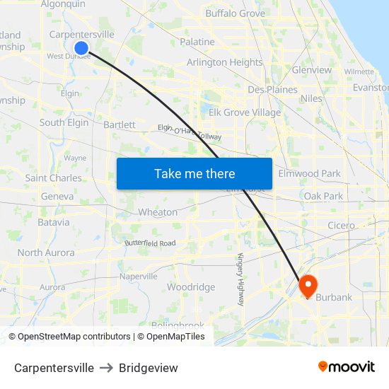 Carpentersville to Bridgeview map