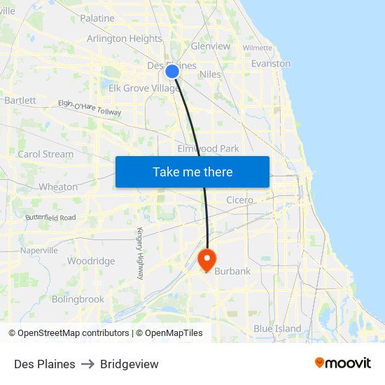 Des Plaines to Bridgeview map