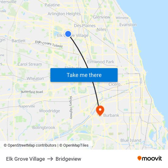 Elk Grove Village to Bridgeview map