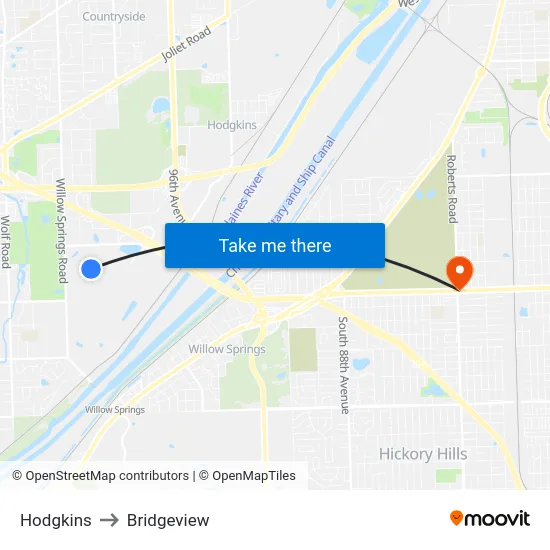 Hodgkins to Bridgeview map