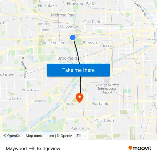 Maywood to Bridgeview map