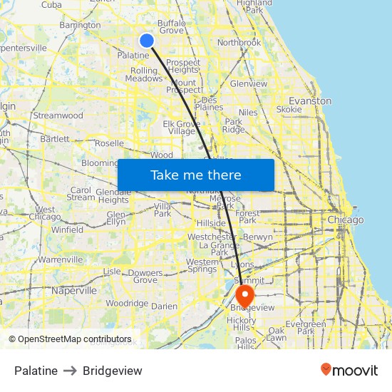 Palatine to Bridgeview map