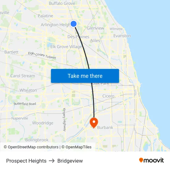 Prospect Heights to Bridgeview map
