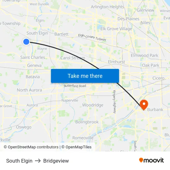 South Elgin to Bridgeview map