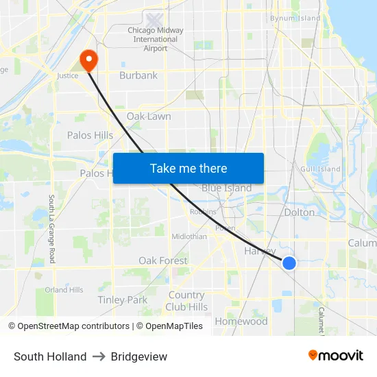 South Holland to Bridgeview map