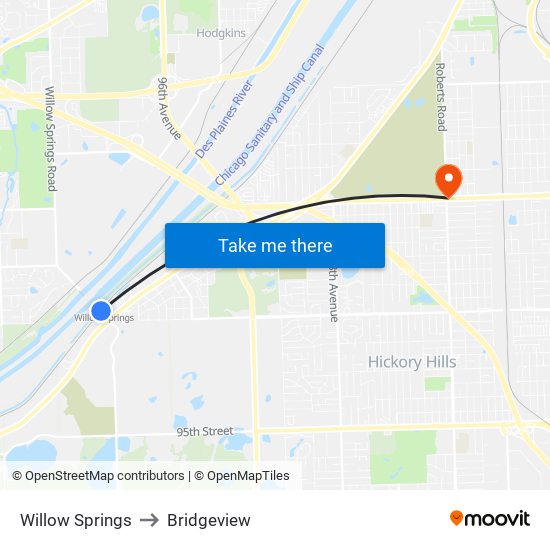 Willow Springs to Bridgeview map