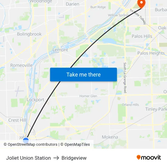 Joliet Union Station to Bridgeview map