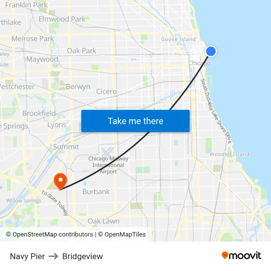 Navy Pier to Bridgeview map