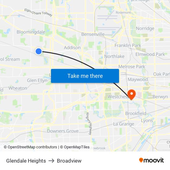 Glendale Heights to Broadview map