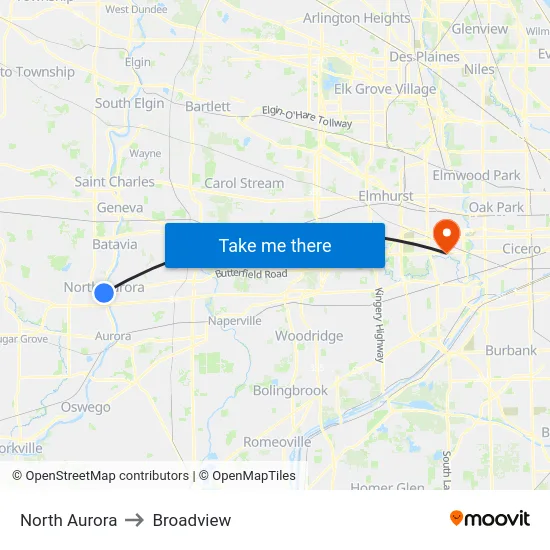 North Aurora to Broadview map