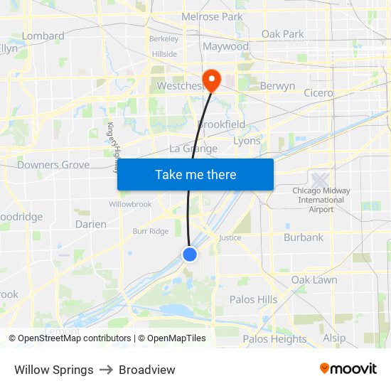 Willow Springs to Broadview map