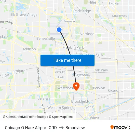 Chicago O Hare Airport ORD to Broadview map
