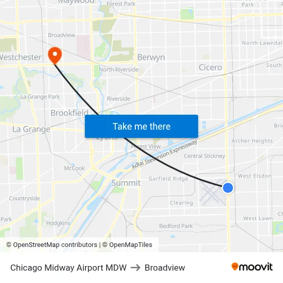Chicago Midway Airport MDW to Broadview map