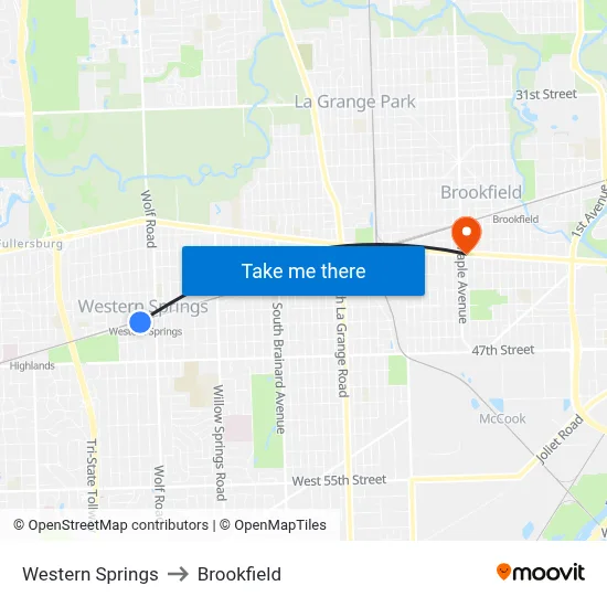 Western Springs to Brookfield map