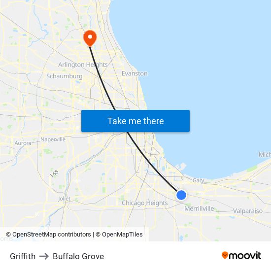 Griffith to Buffalo Grove map