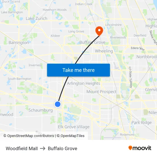 Woodfield Mall to Buffalo Grove map
