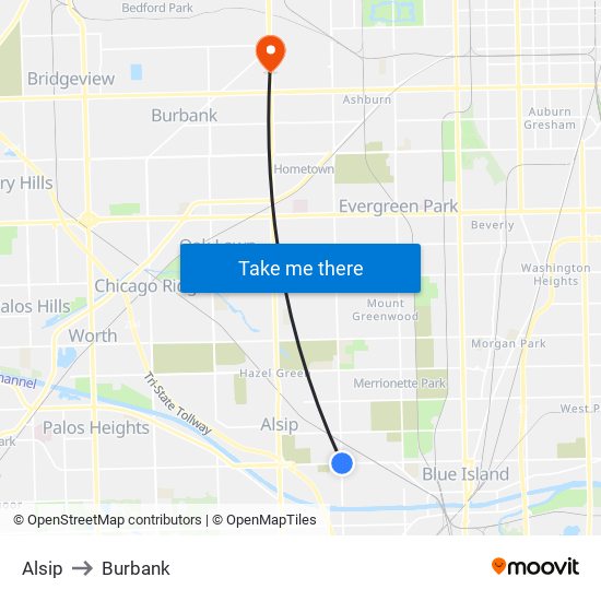 Alsip to Burbank map