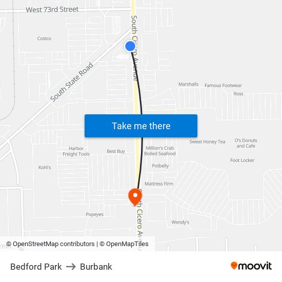 Bedford Park to Burbank map