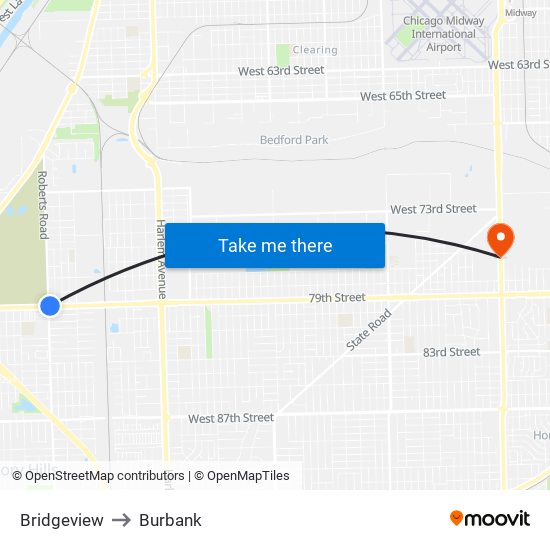 Bridgeview to Burbank map