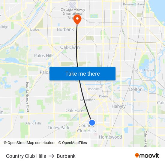 Country Club Hills to Burbank map