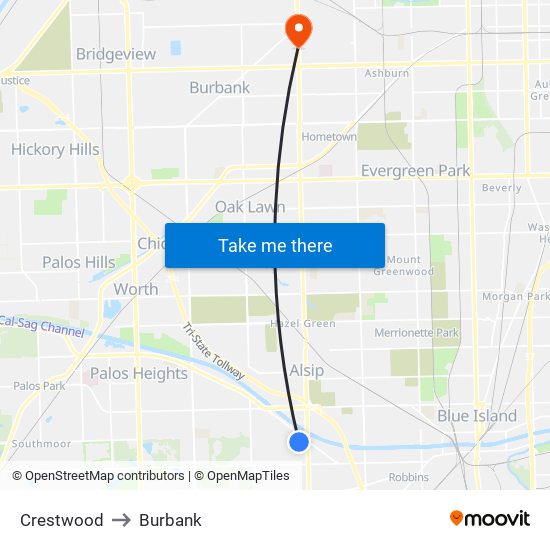 Crestwood to Burbank map