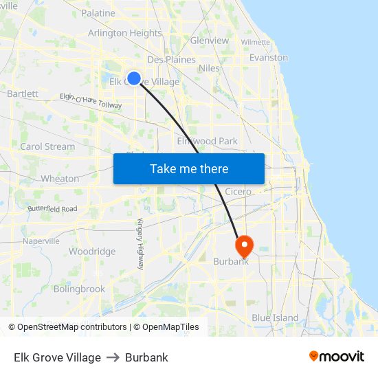 Elk Grove Village to Burbank map
