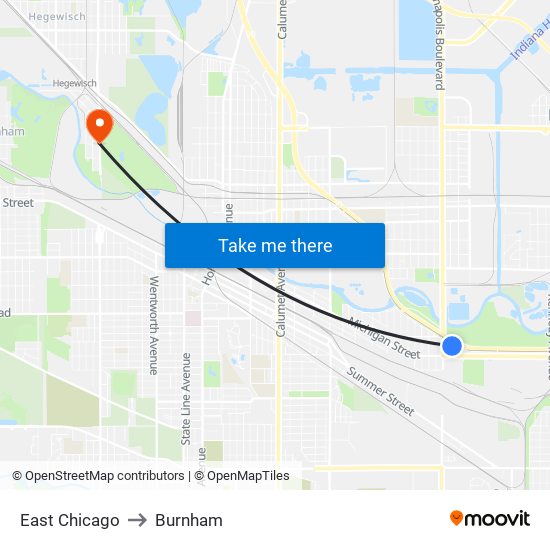 East Chicago to Burnham map