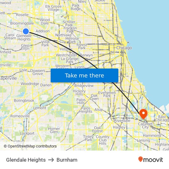 Glendale Heights to Burnham map