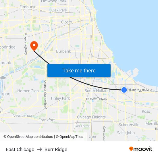 East Chicago to Burr Ridge map