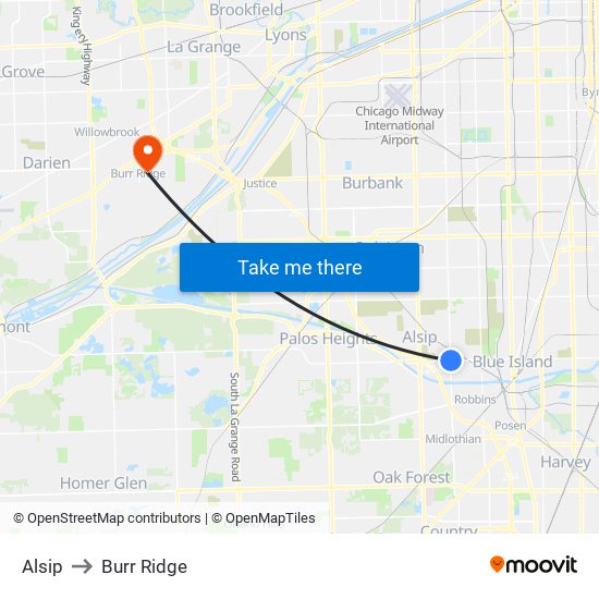 Alsip to Burr Ridge map