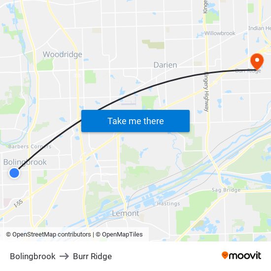 Bolingbrook to Burr Ridge map