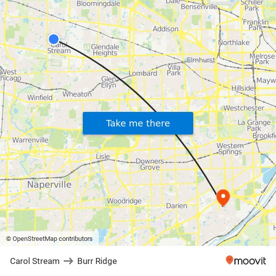 Carol Stream to Burr Ridge map