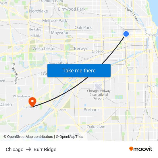 Chicago to Burr Ridge map